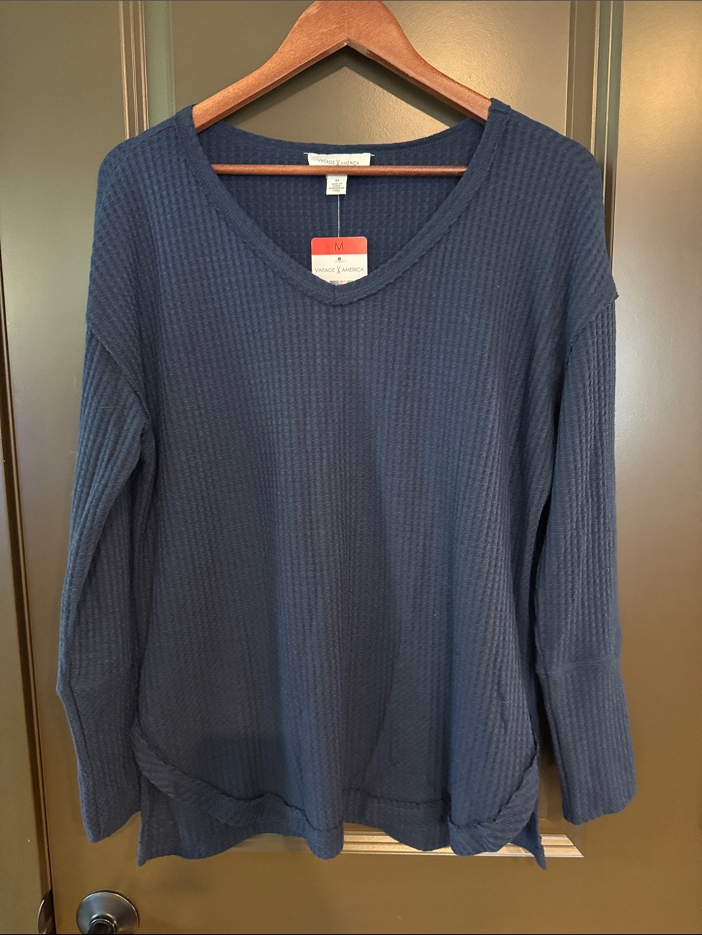 Vintage America Navy Waffle V-Neck Long Sleeve Top